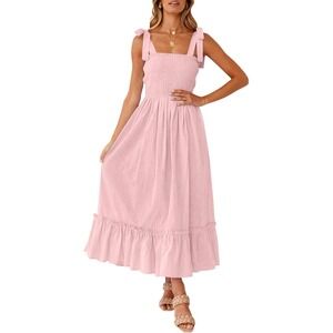 Smocked Sundress Tie‎ Strap Ruffle Boho Casual Summer Dress Maxi Pink Small NWT
